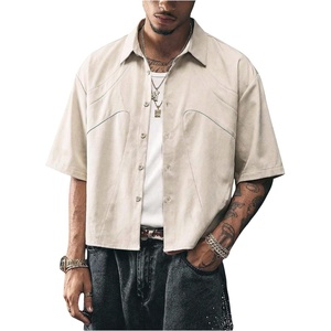 image:imageGORGLITTER Mens Button Up Cropped Shirt Boxy Short Sleeve Streetwear TopsApricot