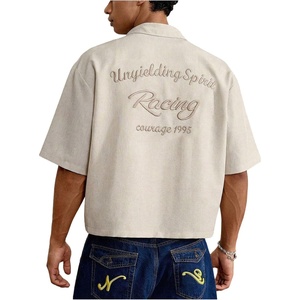 image:imageGORGLITTER Mens Button Up Cropped Shirt Boxy Short Sleeve Streetwear TopsApricotletter