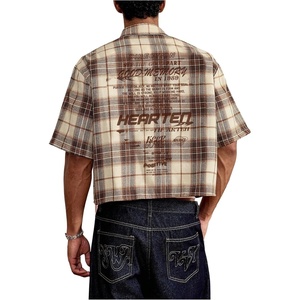 image:imageGORGLITTER Mens Button Up Cropped Shirt Boxy Short Sleeve Streetwear TopsBrown Letter