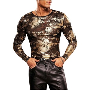 image:imageGORGLITTER Mens Crop Going Out Tops Y2K Sheer Mesh Long Sleeve Party ShirtBlack and Gold