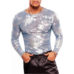 image:imageGORGLITTER Mens Crop Going Out Tops Y2K Sheer Mesh Long Sleeve Party ShirtBlue