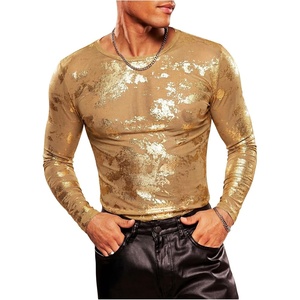 image:imageGORGLITTER Mens Crop Going Out Tops Y2K Sheer Mesh Long Sleeve Party ShirtGold
