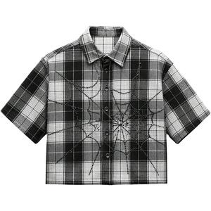 image:imageGORGLITTER Mens Cropped Button Up Shirt Y2K Rhinestone Boxy Plaid Crop TopBlack White