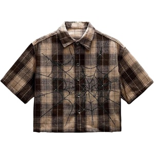 image:imageGORGLITTER Mens Cropped Button Up Shirt Y2K Rhinestone Boxy Plaid Crop TopBrown Plaid