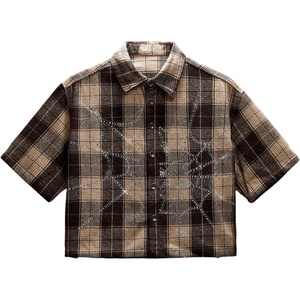 image:imageGORGLITTER Mens Cropped Button Up Shirt Y2K Rhinestone Boxy Plaid Crop TopCoffee Brown