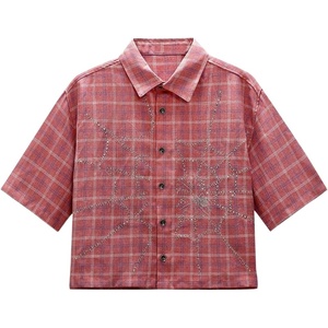 image:imageGORGLITTER Mens Cropped Button Up Shirt Y2K Rhinestone Boxy Plaid Crop TopRed