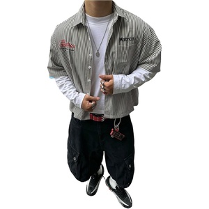 image:imageGORGLITTER Mens Cropped Button Up Shirts Short Sleeve Boxy TeesBlack and White