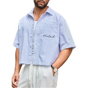 image:imageGORGLITTER Mens Cropped Button Up Shirts Short Sleeve Boxy TeesBlue