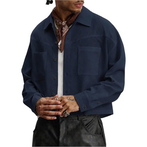 image:imageGORGLITTER Mens Cropped Shirt Button Up Long Sleeve Boxy Streetwear TopsDark Blue