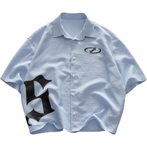image:imageGORGLITTER Mens Cropped Shirt Striped Button Up Boxy Crop Top StreetwearBlack and Blue