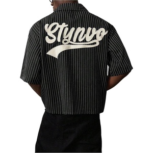 image:imageGORGLITTER Mens Embroidered Striped Letter Boxy Cropped Button Up ShirtsBlack