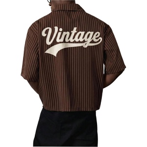 image:imageGORGLITTER Mens Embroidered Striped Letter Boxy Cropped Button Up ShirtsBrown Vintage