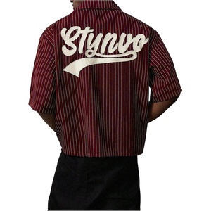 image:imageGORGLITTER Mens Embroidered Striped Letter Boxy Cropped Button Up ShirtsBurgundy