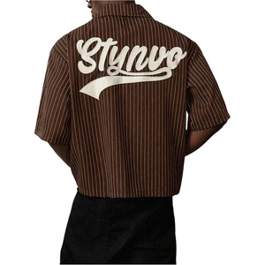 image:imageGORGLITTER Mens Embroidered Striped Letter Boxy Cropped Button Up ShirtsCoffee Brown