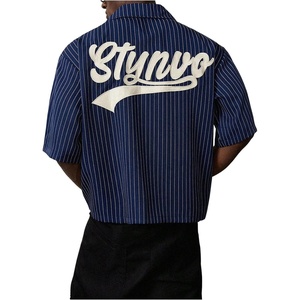 image:imageGORGLITTER Mens Embroidered Striped Letter Boxy Cropped Button Up ShirtsDark Blue