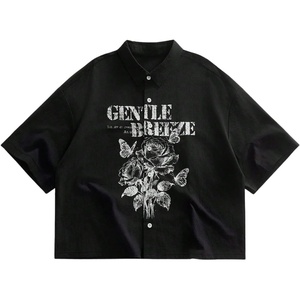 image:imageGORGLITTER Mens Graphic Button Up Cropped Shirt Short Sleeve Boxy Crop TopBlack
