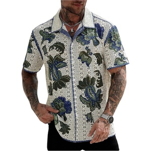 image:imageGORGLITTER Mens Knit Shirts Short Sleeve Button Up Crochet ShirtWhite and Green