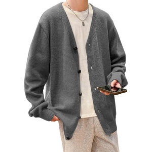 image:imageGORGLITTER Mens Oversized Cardigan Casual Button Up V Neck Fall SweaterSolid Grey