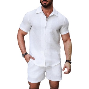 image:imageGORGLITTER Mens Vacation Summer Cruise Outfits 2 Piece Linen Shorts SetsSolid White