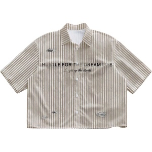 image:imageGORGLITTER Mens Y2K Striped Cropped Shirts Short Sleeve Button Up Crop TopKhaki