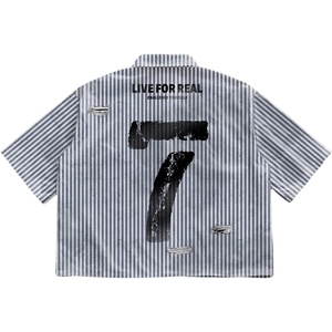 image:imageGORGLITTER Mens Y2K Striped Cropped Shirts Short Sleeve Button Up Crop TopWhite and Grey