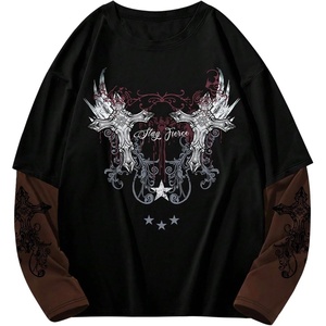 image:imageGORGLITTER Mens Y2k Goth Shirt Graphic Oversized Long Sleeve StreetwearBlack and Brown