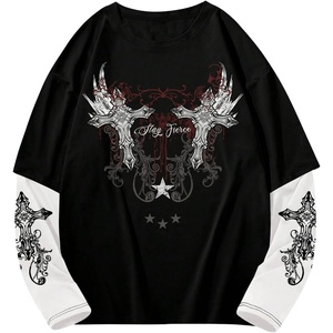 image:imageGORGLITTER Mens Y2k Goth Shirt Graphic Oversized Long Sleeve StreetwearBlack and White