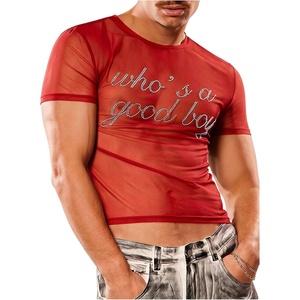 image:imageGORGLITTER Mens Y2k Sheer Mesh Glitter Short Sleeve Going Out Crop TopsRed