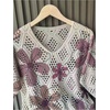 image:imageGORGLITTER Womens Crochet Knit Short Sleeve Sweater Boho V Neck Lightweight Tops Beach Vacation Cruise OutfitPurple
