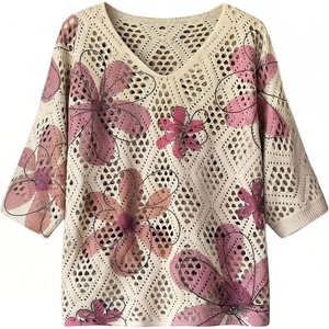 image:imageGORGLITTER Womens Crochet Knit Short Sleeve Sweater Boho V Neck Lightweight Tops Beach Vacation Cruise OutfitPurple