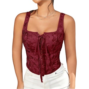 image:imageGORGLITTER Womens Floral Western Corset Lace Up Square Neck Crop Tank TopBurgundy