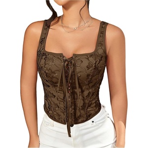 image:imageGORGLITTER Womens Floral Western Corset Lace Up Square Neck Crop Tank TopCoffee Brown