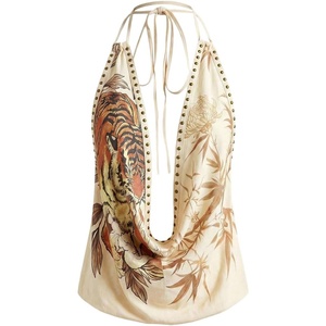 image:imageGORGLITTER Womens Plunge Deep V Halter Tops Vintage Studded Festival TopApricot Tiger