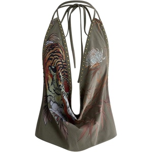 image:imageGORGLITTER Womens Plunge Deep V Halter Tops Vintage Studded Festival TopArmy Green