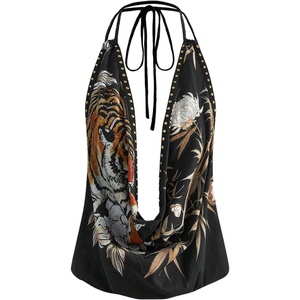image:imageGORGLITTER Womens Plunge Deep V Halter Tops Vintage Studded Festival TopBlack