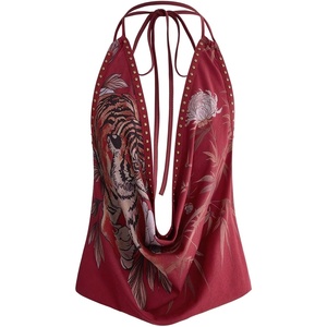 image:imageGORGLITTER Womens Plunge Deep V Halter Tops Vintage Studded Festival TopBurgundy