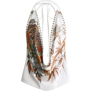 image:imageGORGLITTER Womens Plunge Deep V Halter Tops Vintage Studded Festival TopWhite
