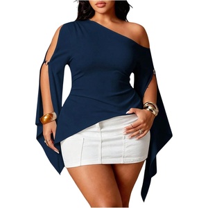 image:imageGORGLITTER Womens Plus Size Asymmetrical Tops Sexy Off The Shoulder BlouseBlue