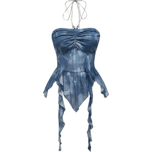 image:imageGORGLITTER Womens Y2k Halter Flowy Tops Ruffle Backless Fairy Crop CamiBlue