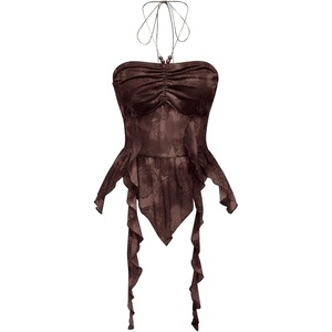 image:imageGORGLITTER Womens Y2k Halter Flowy Tops Ruffle Backless Fairy Crop CamiBrown