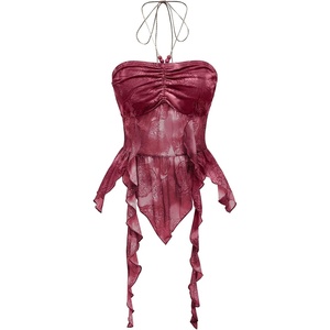 image:imageGORGLITTER Womens Y2k Halter Flowy Tops Ruffle Backless Fairy Crop CamiBurgundy