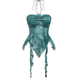 image:imageGORGLITTER Womens Y2k Halter Flowy Tops Ruffle Backless Fairy Crop CamiGreen and Multicolor