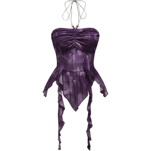 image:imageGORGLITTER Womens Y2k Halter Flowy Tops Ruffle Backless Fairy Crop CamiPurple