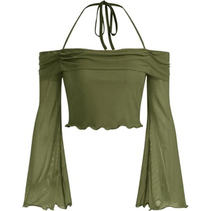 image:imageGORGLITTER Womens Y2k Off The Shoulder Bell Sleeve Top Cropped 90s BlousesArmy Green