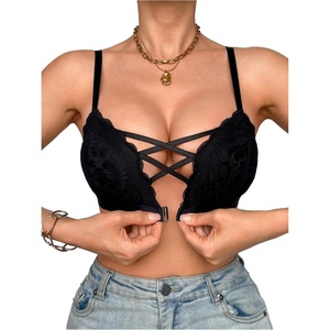 image:imageGORGLITTER Womens Lace Cross Front Closure Bra Wireless BraletteBlack