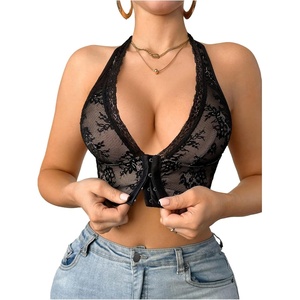 image:imageGORGLITTER Womens Lace Front Closure Halter Bra Comfort Sheer Mesh Sexy Deep V Neck Backless Wireless BraletteBlack