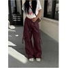image:imageGORGLITTER Womens Parachute Baggy Hiking Wide Leg Track Cargo PantsBurgundy