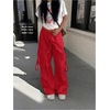 image:imageGORGLITTER Womens Parachute Baggy Hiking Wide Leg Track Cargo PantsRed