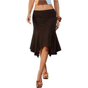 image:imageGORGLITTER Womens Elastic Ruched Asymmetrical Flowy Handkerchief Hem SkirtBrown
