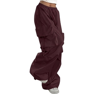 image:imageGORGLITTER Womens Parachute Baggy Hiking Wide Leg Track Cargo PantsBurgundy